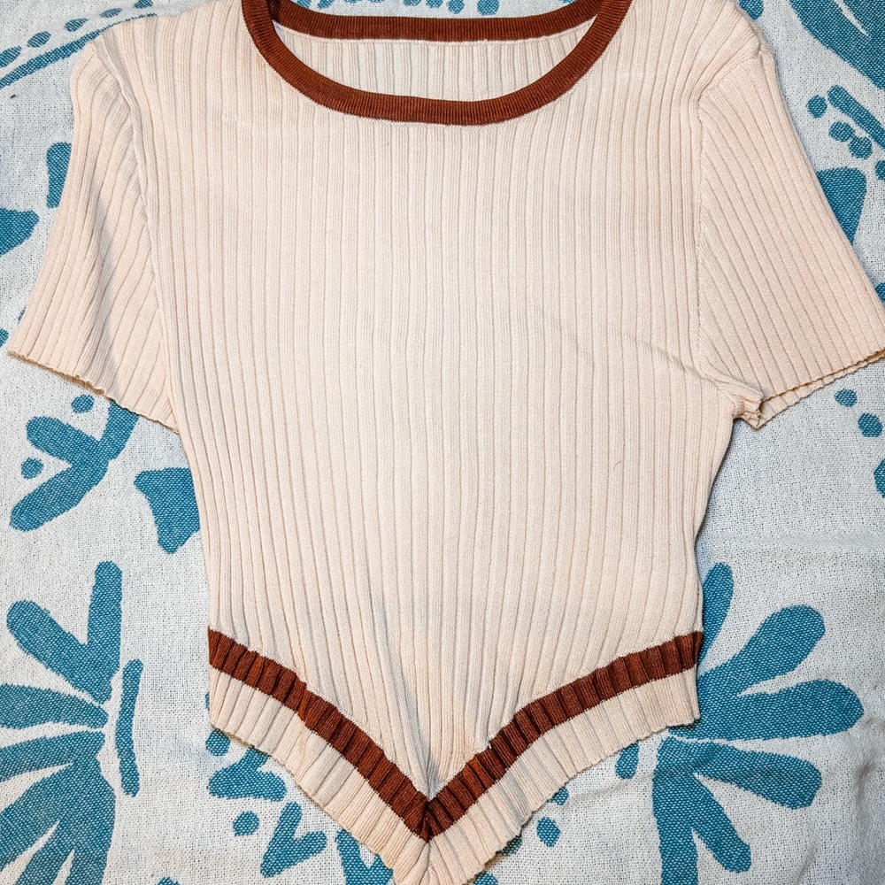 Ribbed Cream and Brown Women's Top